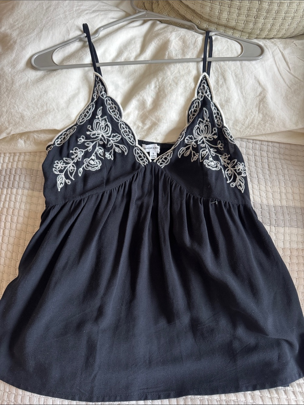 love on a hanger Black Tank Top with White Embroidered Floral Cups